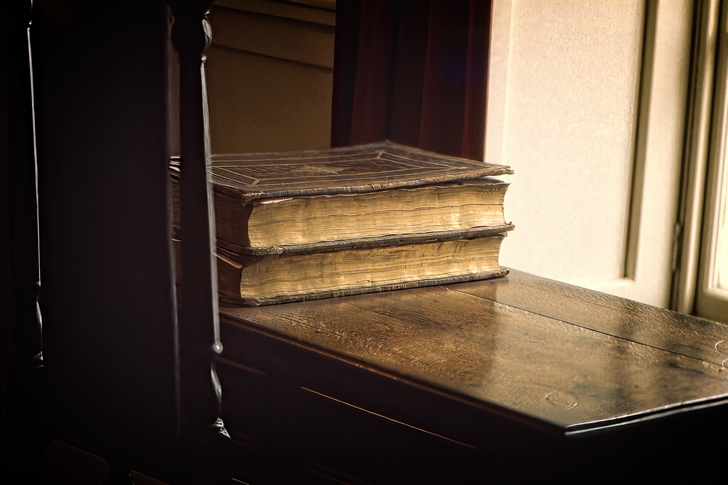 Antika böcker på ett bord.